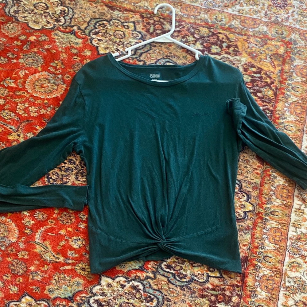 PINK Victoria's Secret Dark Green Twist Front Long Sleeve Top size medium